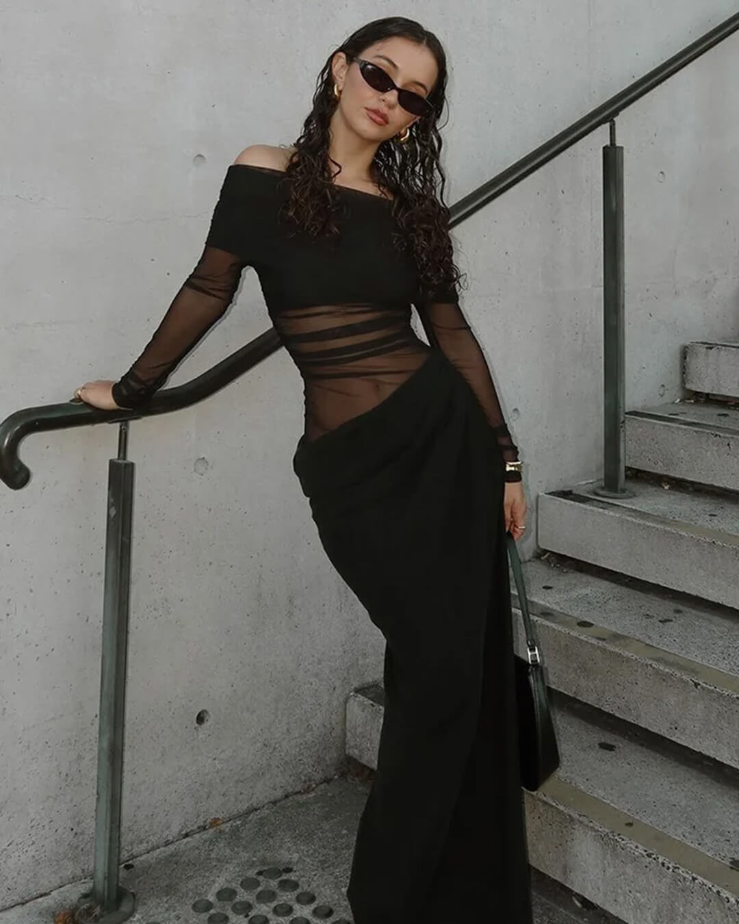 Abito lungo in mesh arricciato Shiela