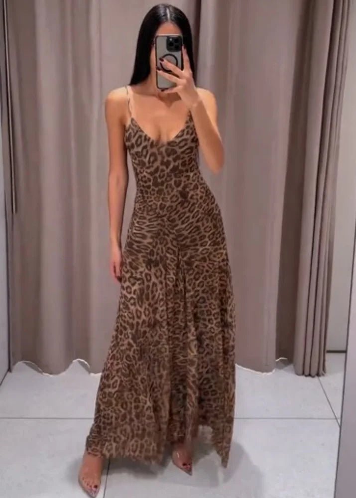 Abito lungo con spalline e stampa leopardata Sienna