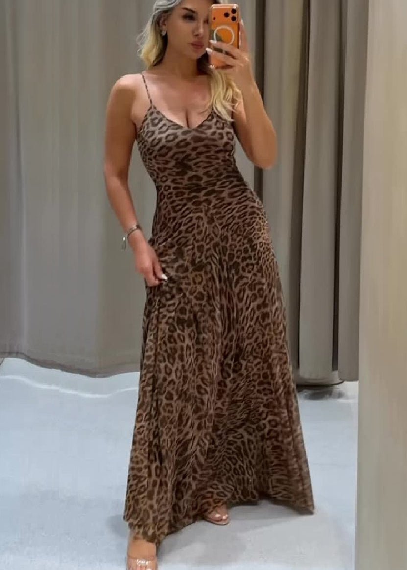 Abito lungo con spalline e stampa leopardata Sienna