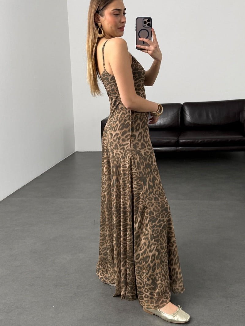 Abito lungo con spalline e stampa leopardata Sienna