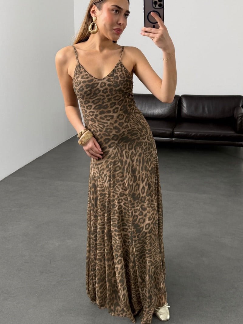 Abito lungo con spalline e stampa leopardata Sienna