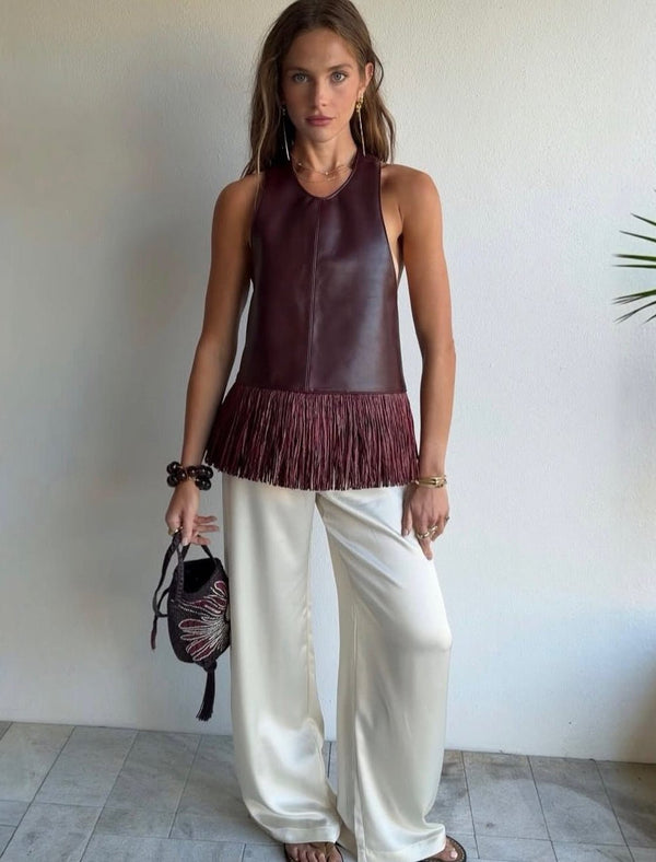 Top all'americana Sierra con frange in similpelle