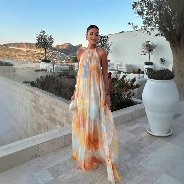Maxi abito Sophia con scollo allacciato al collo e stringatura