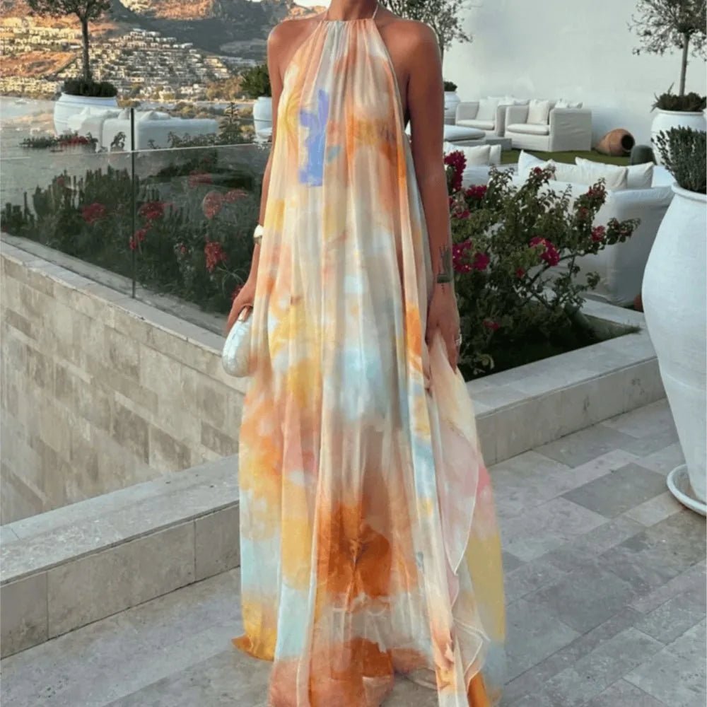 Maxi abito Sophia con scollo allacciato al collo e stringatura