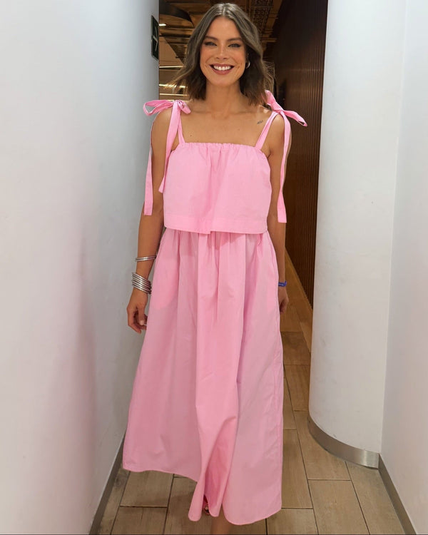Sophia Pink Bow Tiered Midi Dress