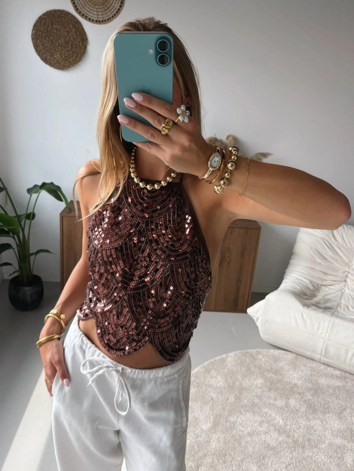 Top Sophia con paillettes e scollo all'americana