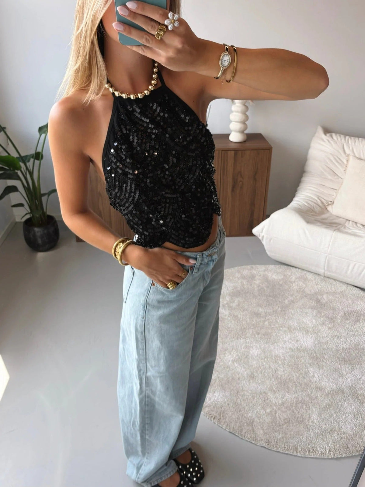 Top Sophia con paillettes e scollo all'americana
