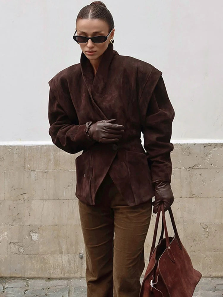 Giacca in pelle scamosciata con scollo a V