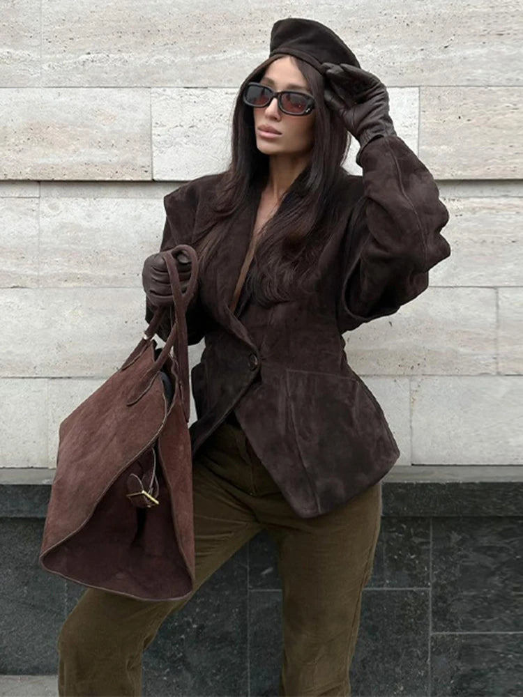Giacca in pelle scamosciata con scollo a V