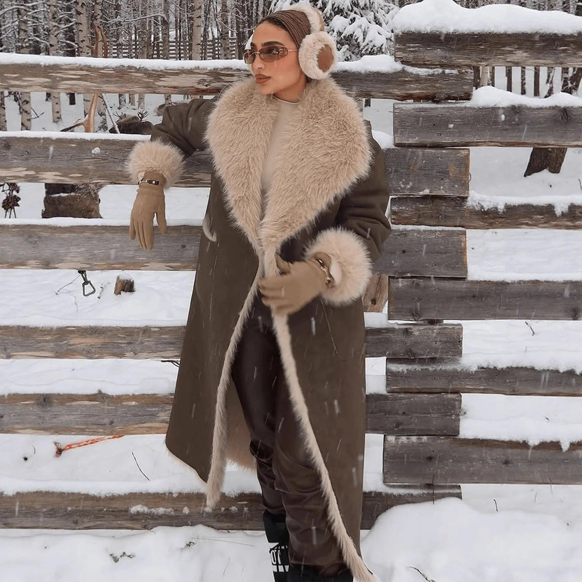 Cappotto lungo in ecopelle scamosciata ed ecopelliccia Sydney