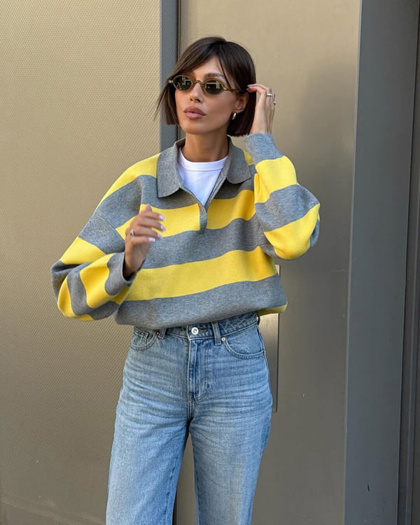 Pullover in maglia a righe con scollo a V Una