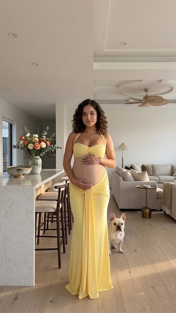 Abito lungo Ximena aderente con cintura in vita in mesh