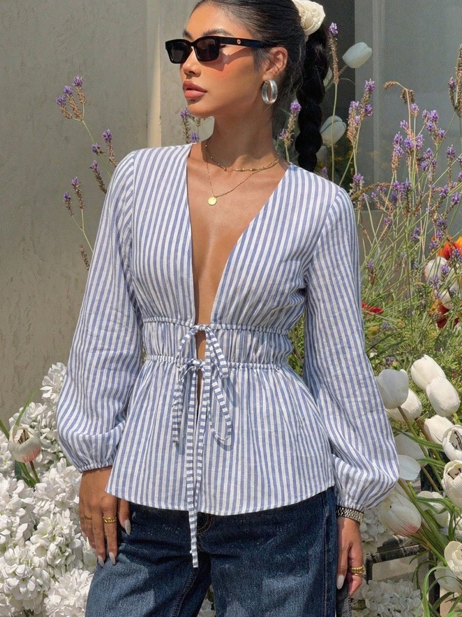 Blusa Yelena a righe con chiusura frontale da annodare