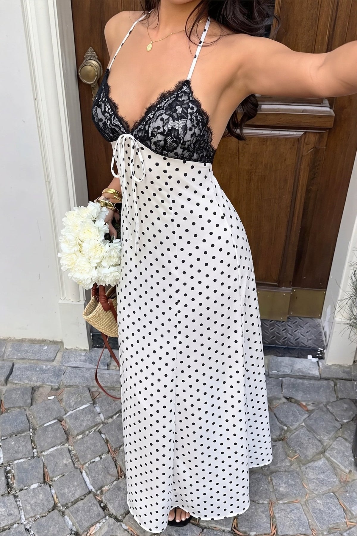 Abito lungo halter a pois Zoe