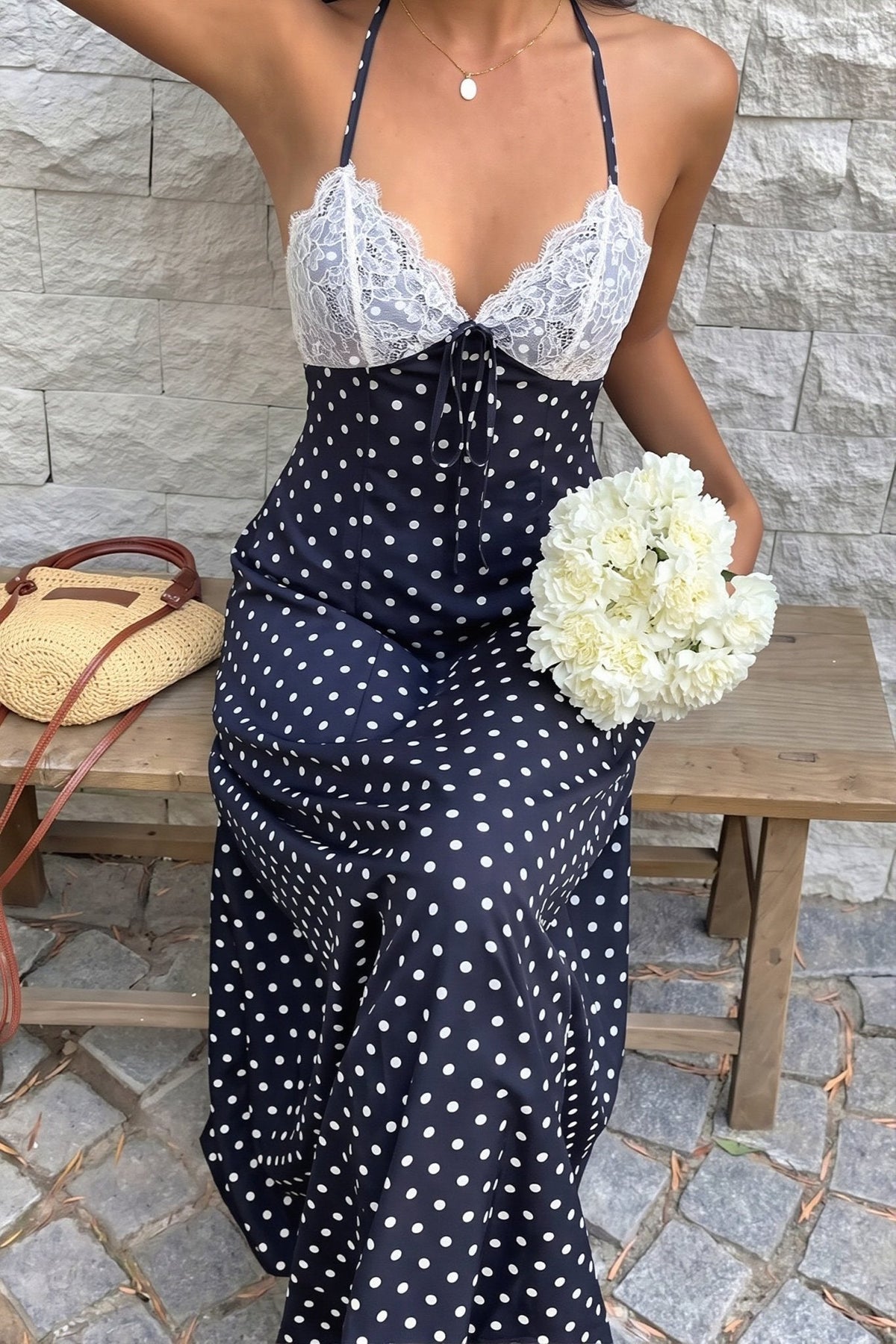 Abito lungo halter a pois Zoe