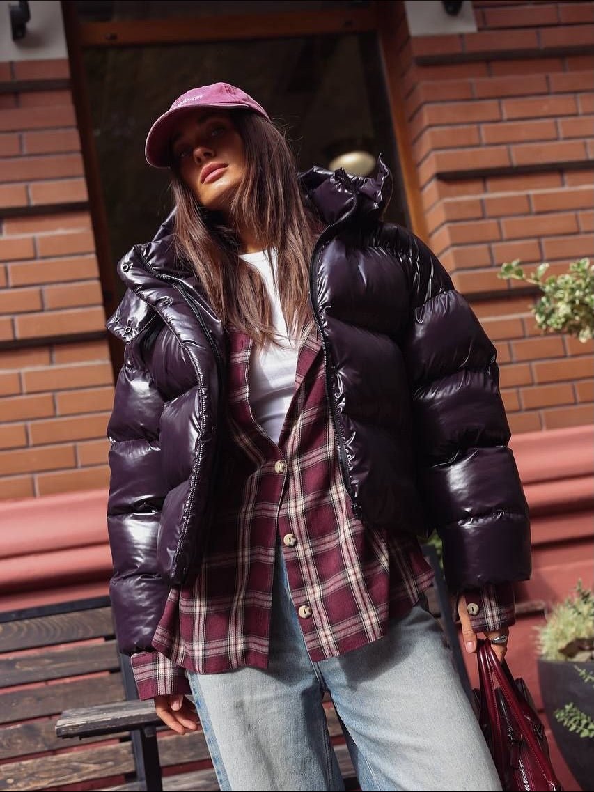 Mette Glossy Hooded Puffer Jacket in plum – styled look