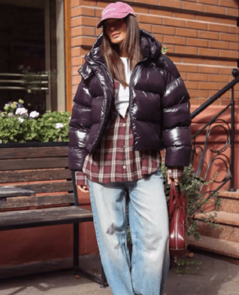 Mette Glossy Hooded Puffer Jacket in plum – styled look