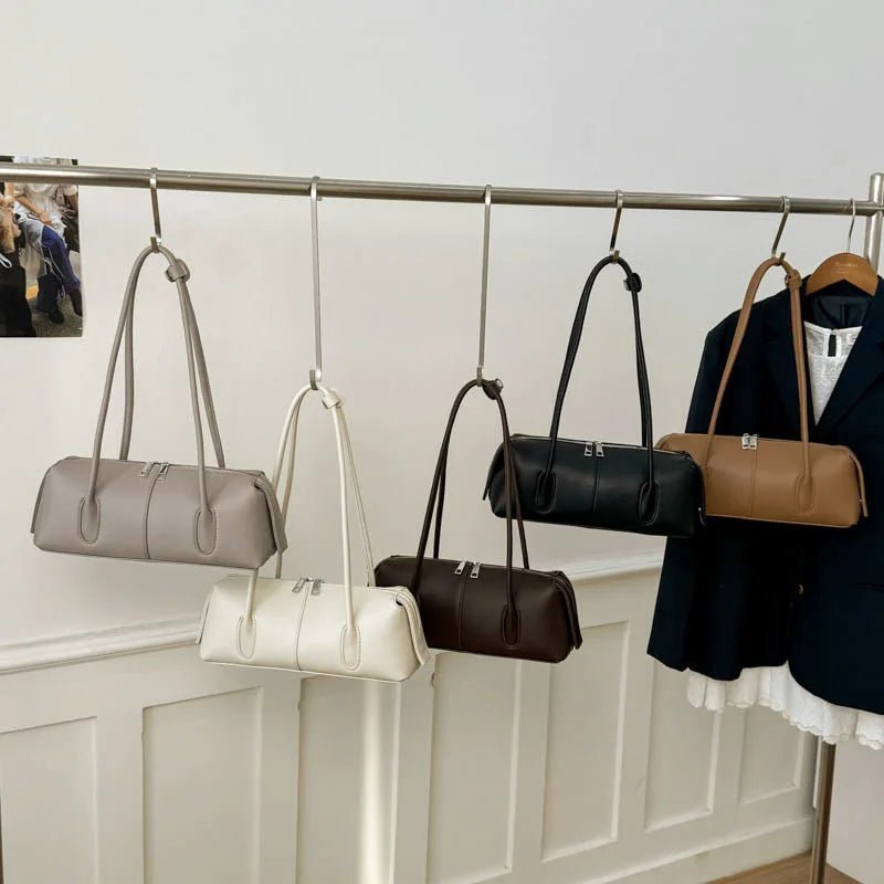 Mira Cylinder Shoulder Bag in five colours – styled look