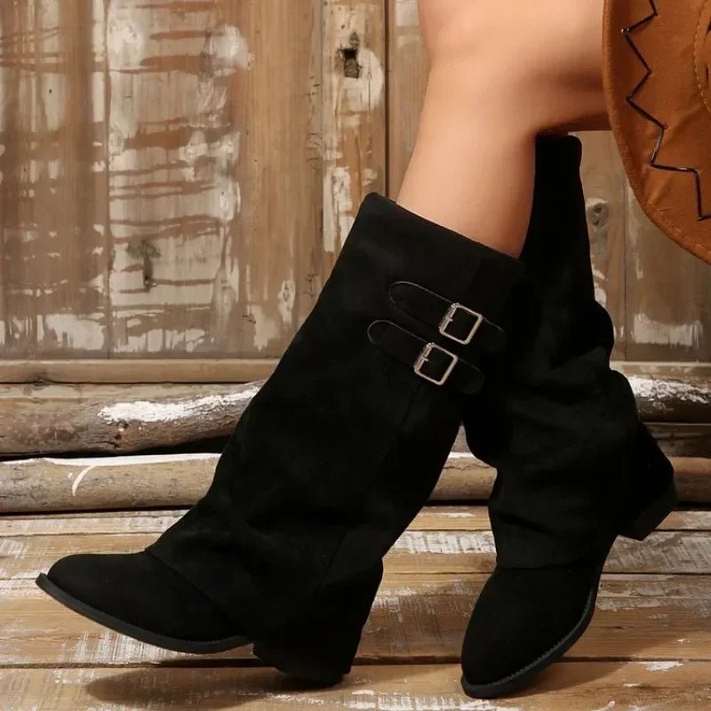 Rakel Buckle Knee-High Boots in black – styled look