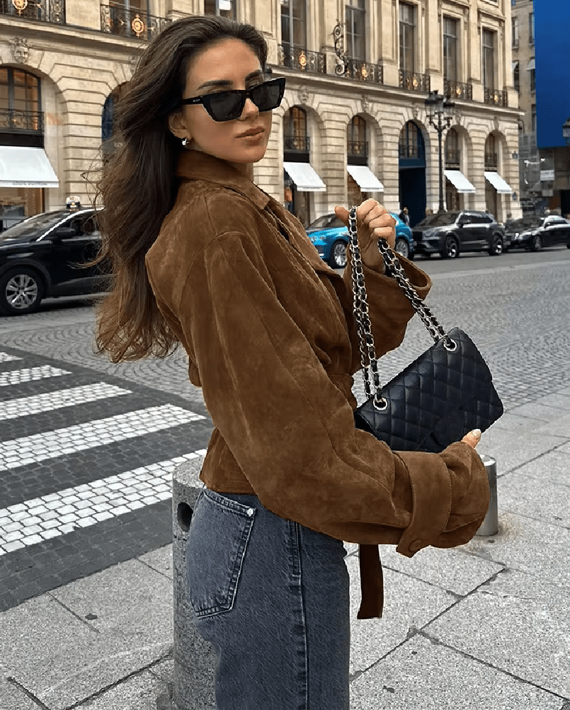Siena Belted Faux Suede Wrap Jacket in tan brown – styled look