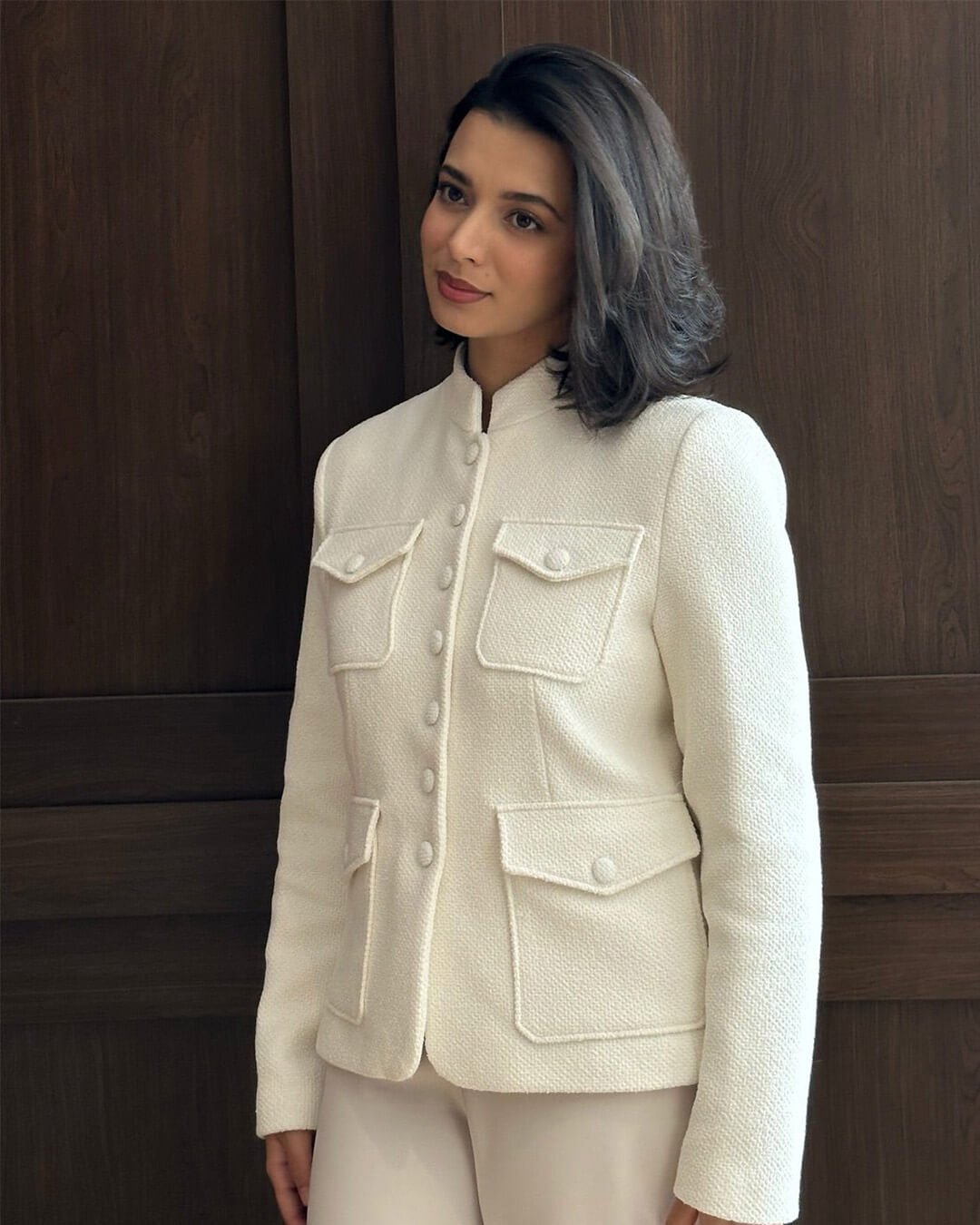 Signe Flap-Pocket Collar Blazer in ivory – styled look