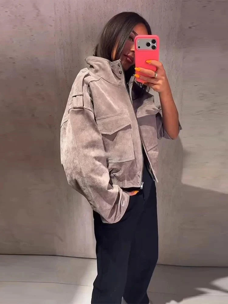 Sigrid Faux Suede Utility Jacket in grey – styled look
