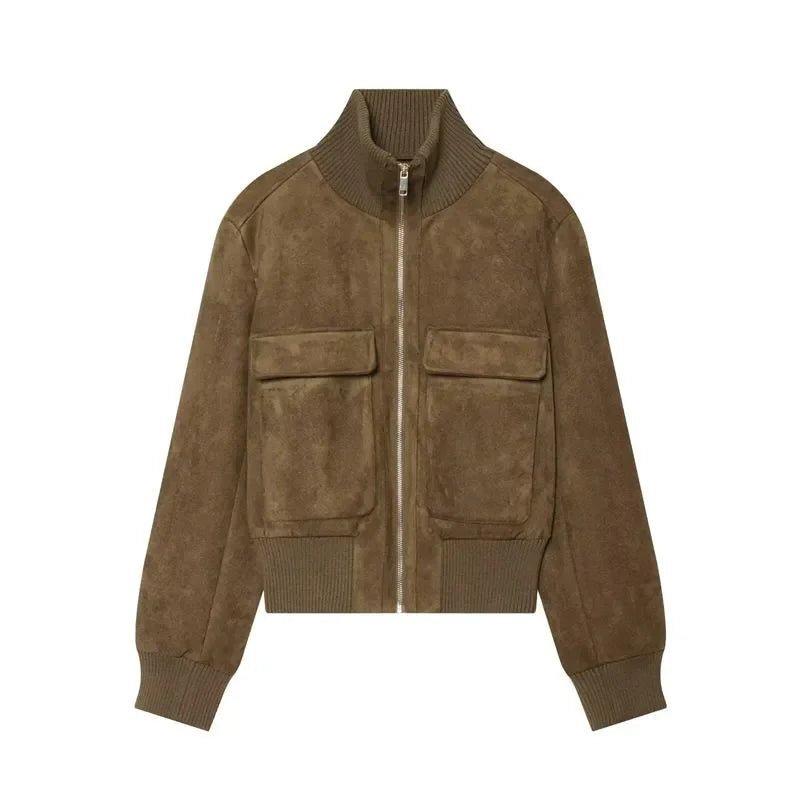 Stella Faux Suede Bomber Jacket in olive brown – product shot