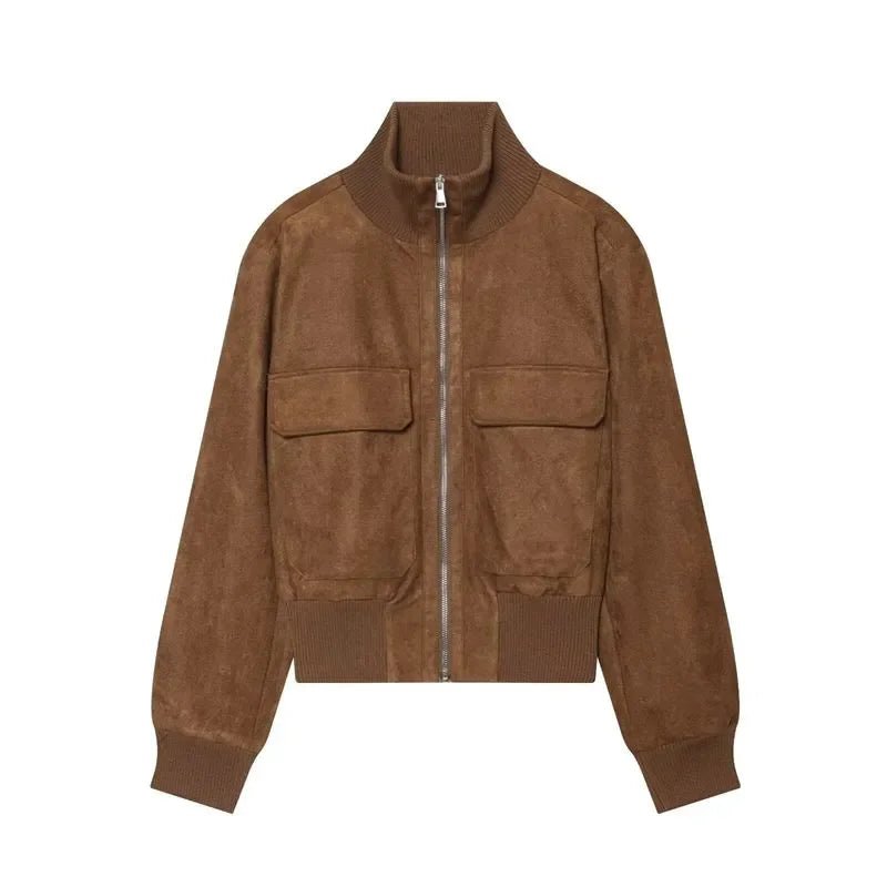 Stella Faux Suede Bomber Jacket in rust brown – product shot