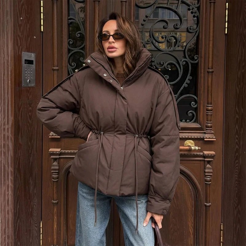 Sunniva Drawstring-Waist Puffer Parka in brown – styled look