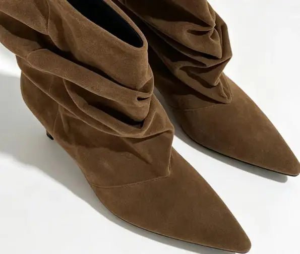Thea Ruched Faux Suede Ankle Boots in brown – styled look