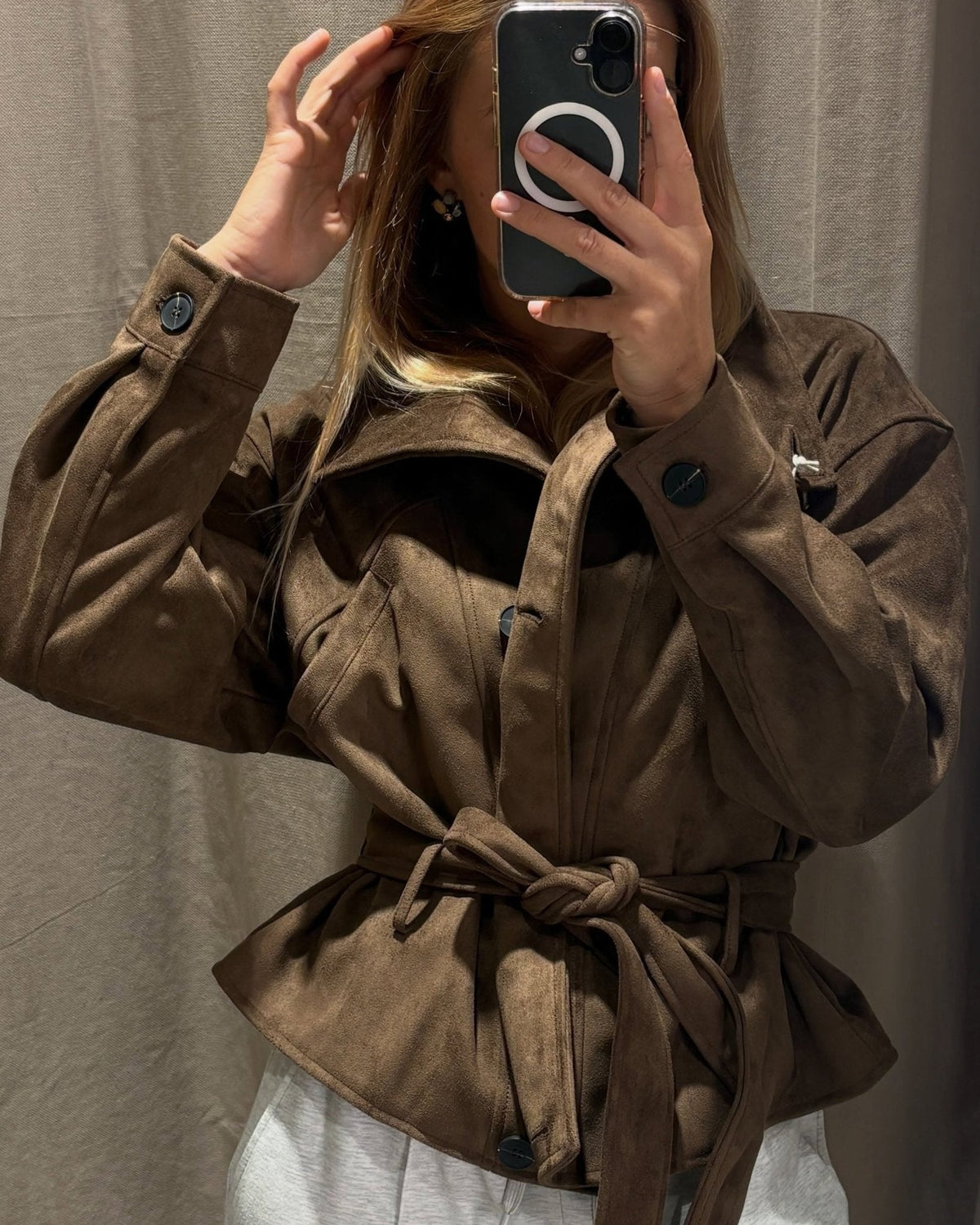 Vilde Lace-Up Faux Suede Jacket in chocolate brown – styled look