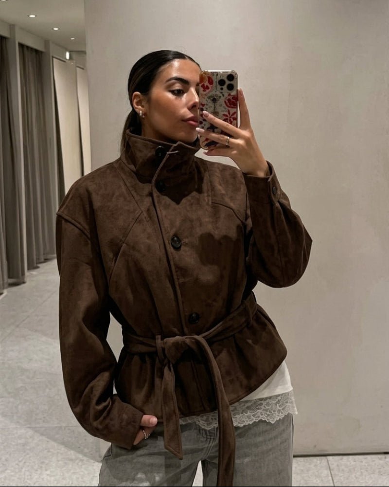 Vilde Lace-Up Faux Suede Jacket in chocolate brown – styled look